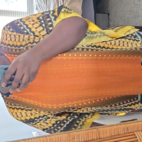Vibrant Orange and Yellow Patterned Poncho Beach Coverup Top - Picture 4 of 5
